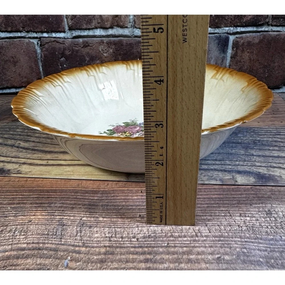 Vtg Homer Laughlin Serving Bowl‎ Rib Floral Burnt Orange Rim 9